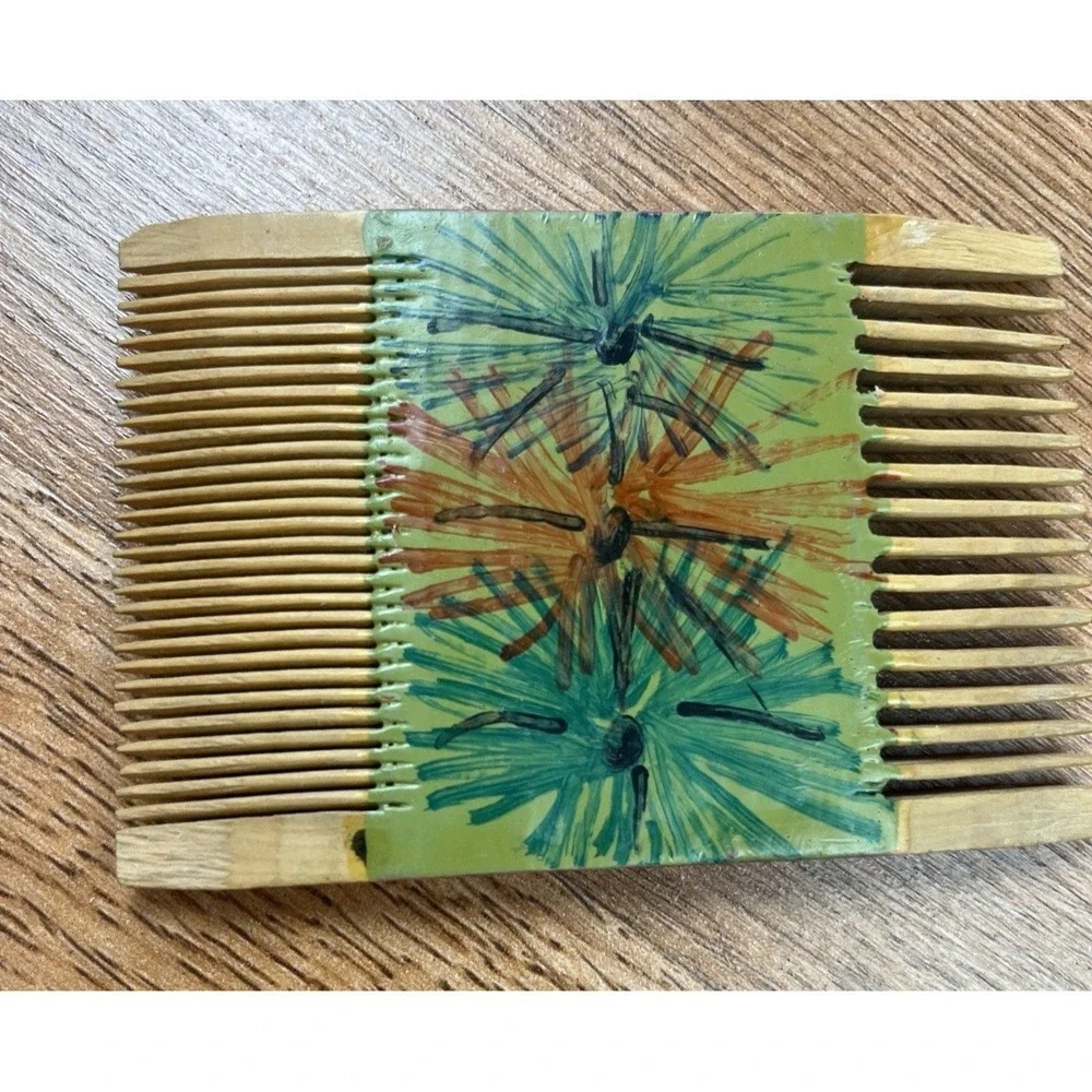 Vintage Hand‎ Carved, Hand Painted Double Sided Comb Pick